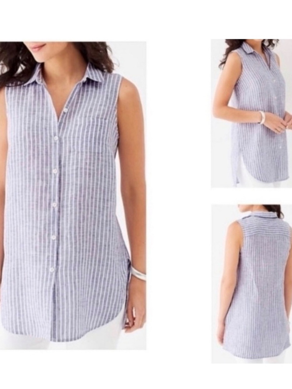J. Jill Love Linen Blue and White Striped Sleeveless Shirt Small Beach Coastal